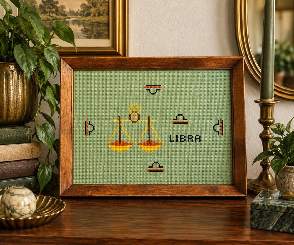 Vintage 1970s Scovill Dritz Libra Zodiac Framed Needlepoint Astrology Wall Art